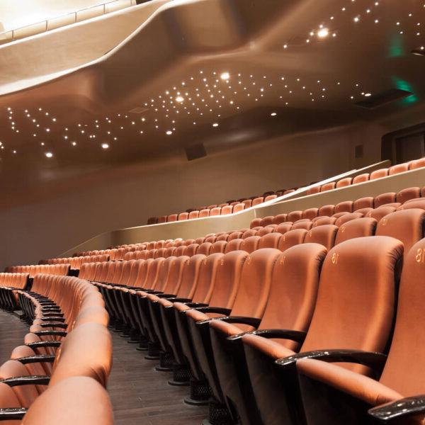 A large theater with brown leather seats